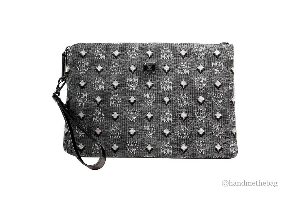 MCM Veritas Medium Dark Grey Denim Monogram Logo Canvas Clutch Pouch Handbag