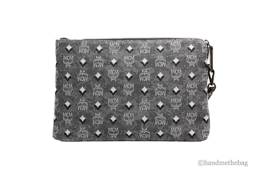 MCM Veritas Medium Dark Grey Denim Monogram Logo Canvas Clutch Pouch Handbag
