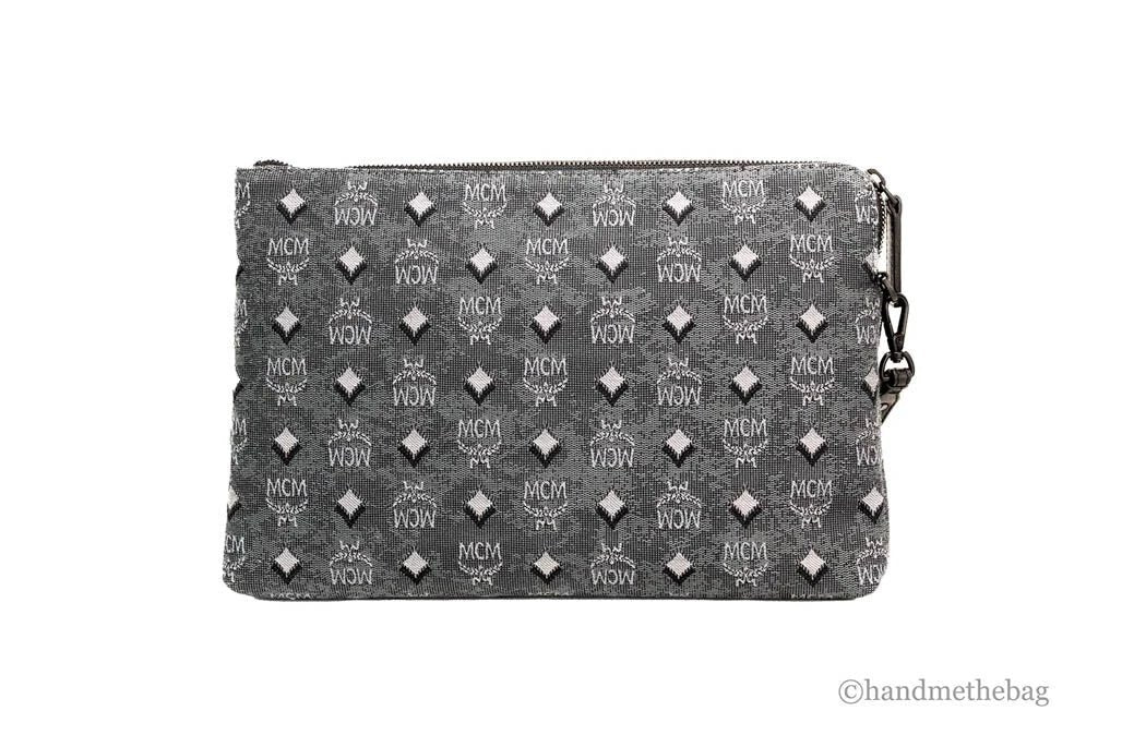 MCM Veritas Medium Dark Grey Denim Monogram Logo Canvas Clutch Pouch Handbag