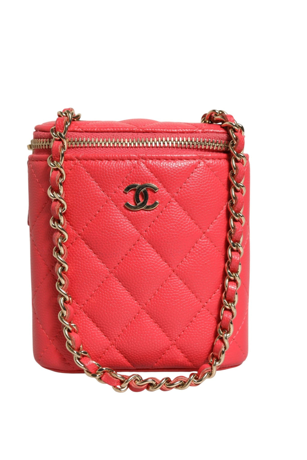 Chanel Red Caviar Quilted Small Vertical Coco Beauty Vanity Case with Women's Chain