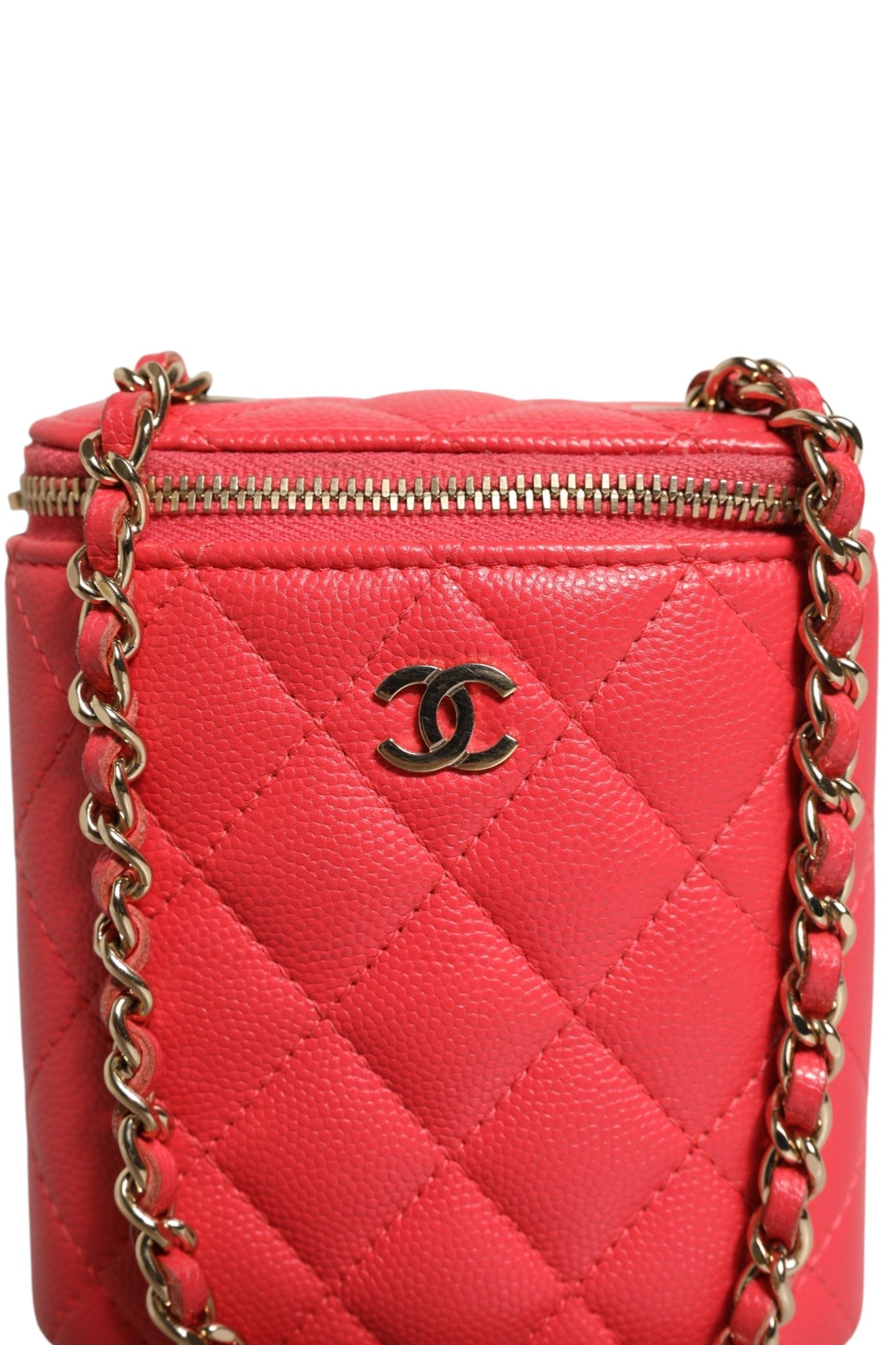 Chanel Red Caviar Quilted Small Vertical Coco Beauty Vanity Case with Women's Chain