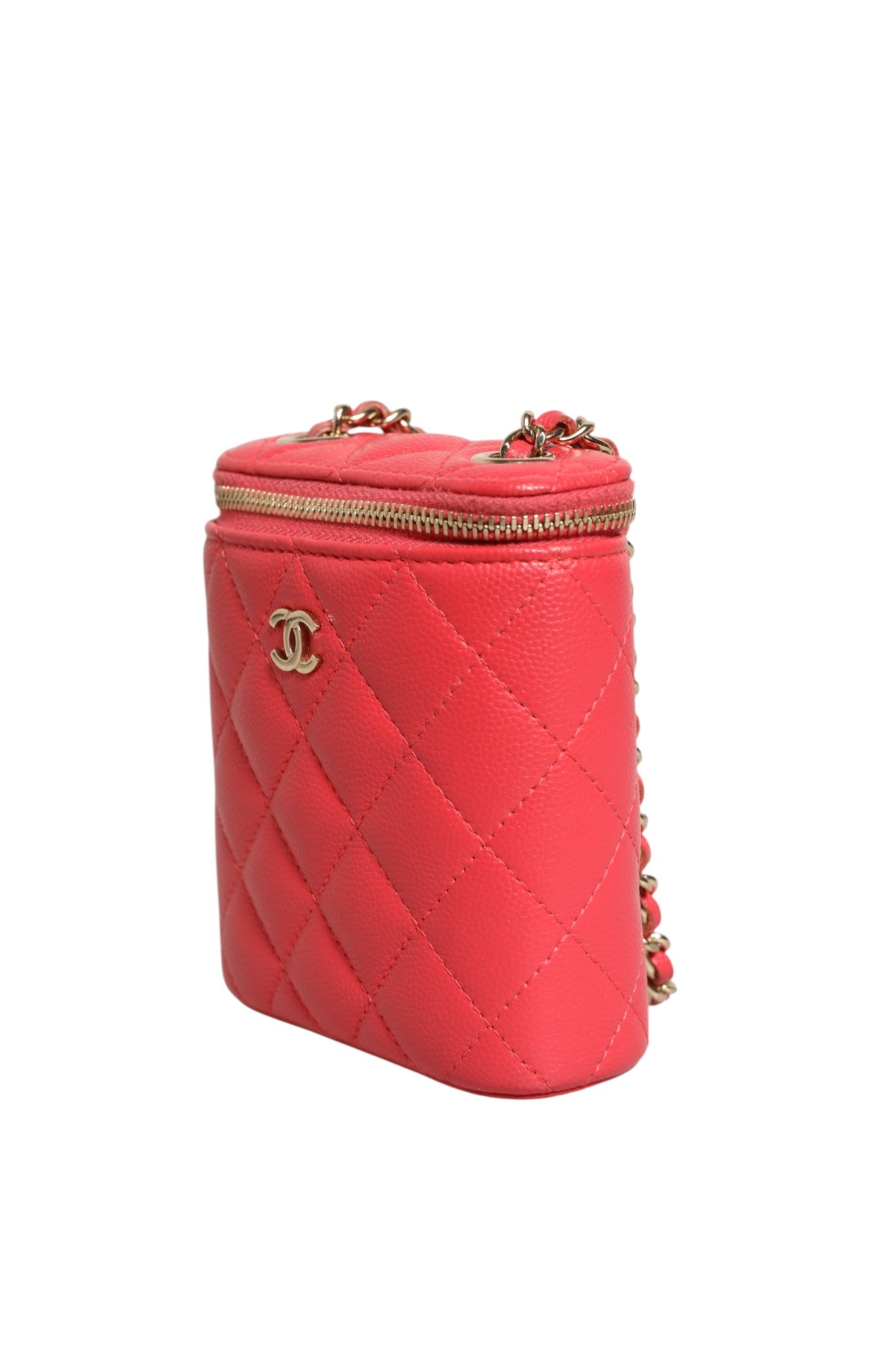 Chanel Red Caviar Quilted Small Vertical Coco Beauty Vanity Case with Women's Chain