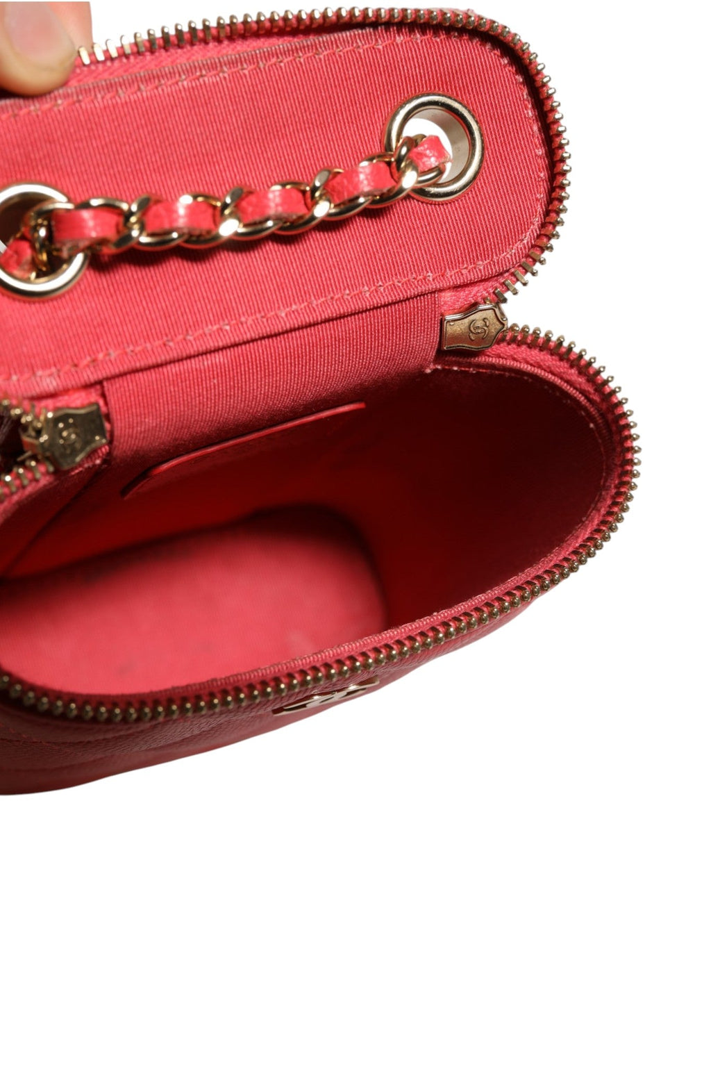 Chanel Red Caviar Quilted Small Vertical Coco Beauty Vanity Case with Women's Chain