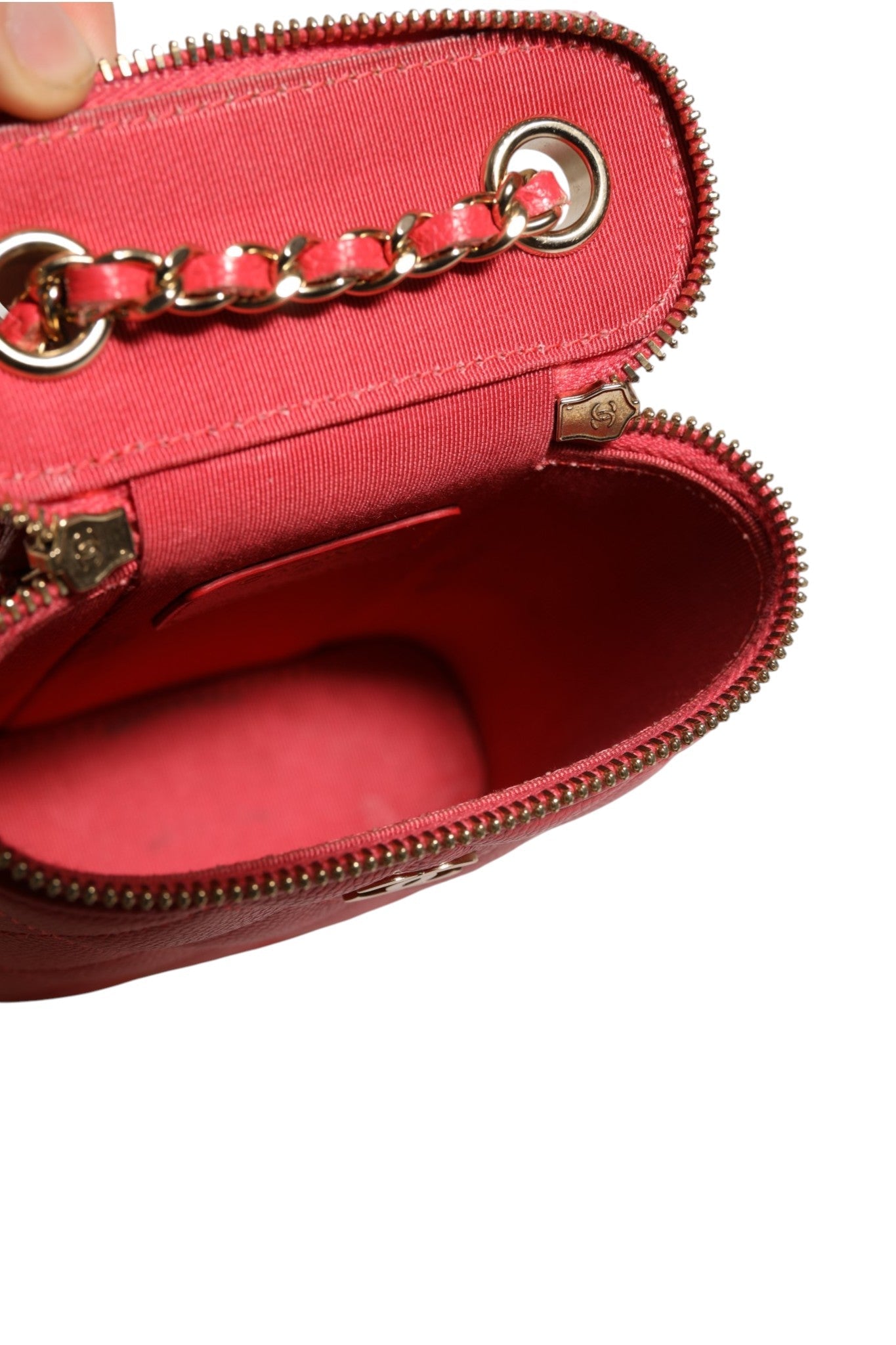 Chanel Red Caviar Quilted Small Vertical Coco Beauty Vanity Case with Women's Chain