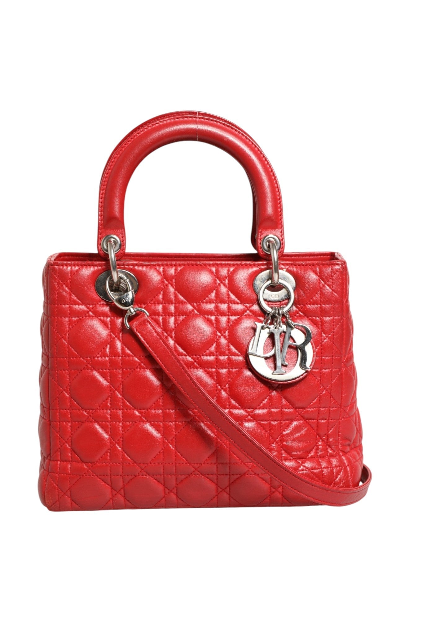Christian Dior Red Cannage Lambskin Leather Lady Dior Women's Bag (Pre-Owned)