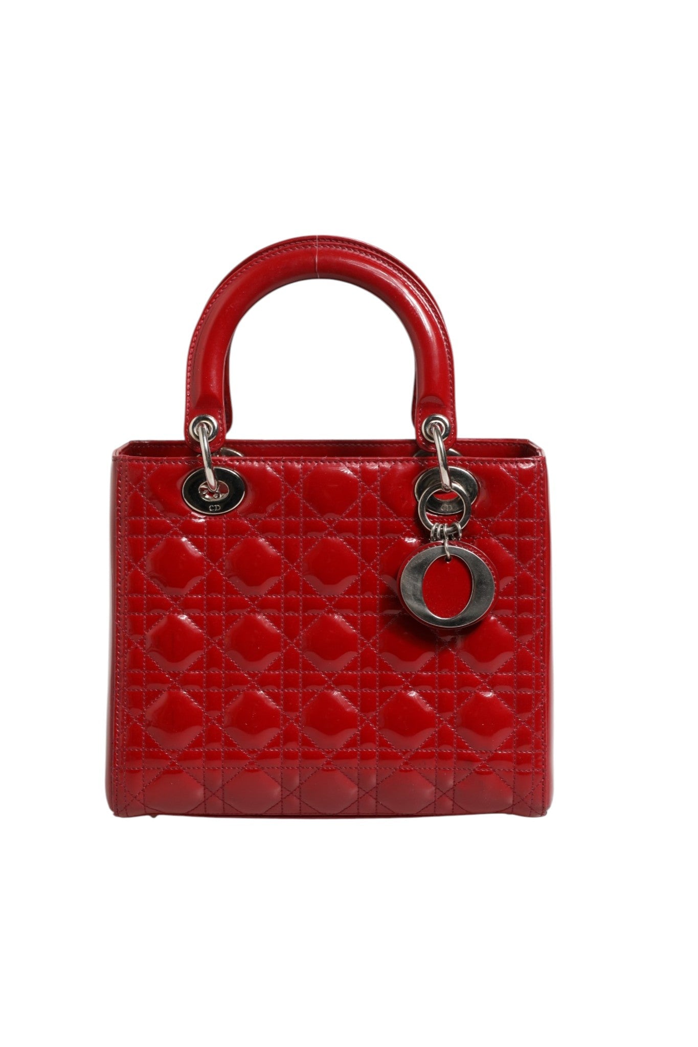 Christian Dior Cherry Red Patent Leather Cannage Quilting Small Lady Dior Women's Bag (Pre-Owned)