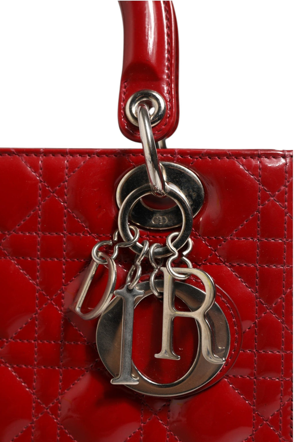 Christian Dior Cherry Red Patent Leather Cannage Quilting Small Lady Dior Women's Bag (Pre-Owned)