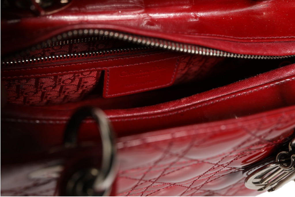 Christian Dior Cherry Red Patent Leather Cannage Quilting Small Lady Dior Women's Bag (Pre-Owned)