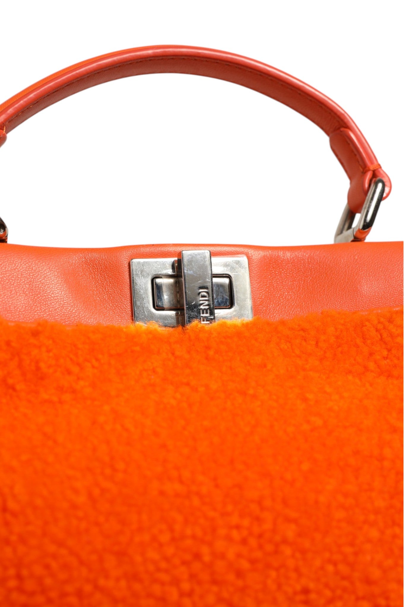 Fendi Orange Leather and Shearling Mini Peekaboo Top Handle Women's Bag