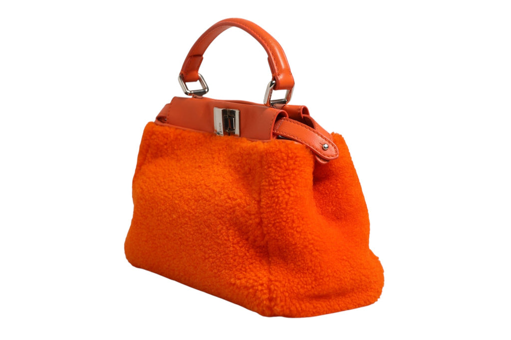 Fendi Orange Leather and Shearling Mini Peekaboo Top Handle Women's Bag
