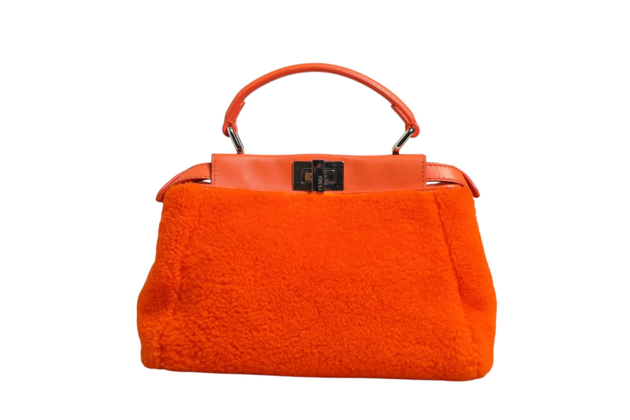 Fendi Orange Leather and Shearling Mini Peekaboo Top Handle Women's Bag