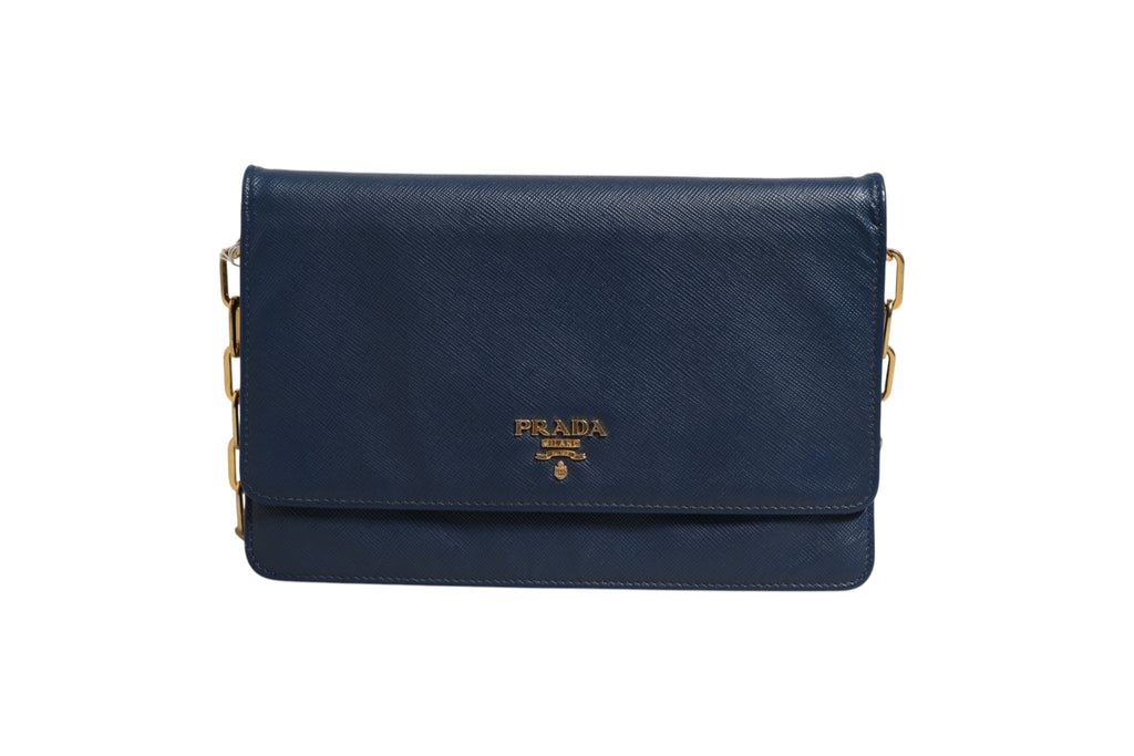 Prada Blue Saffiano Leather Wallet on Chain Clutch Women's Bag