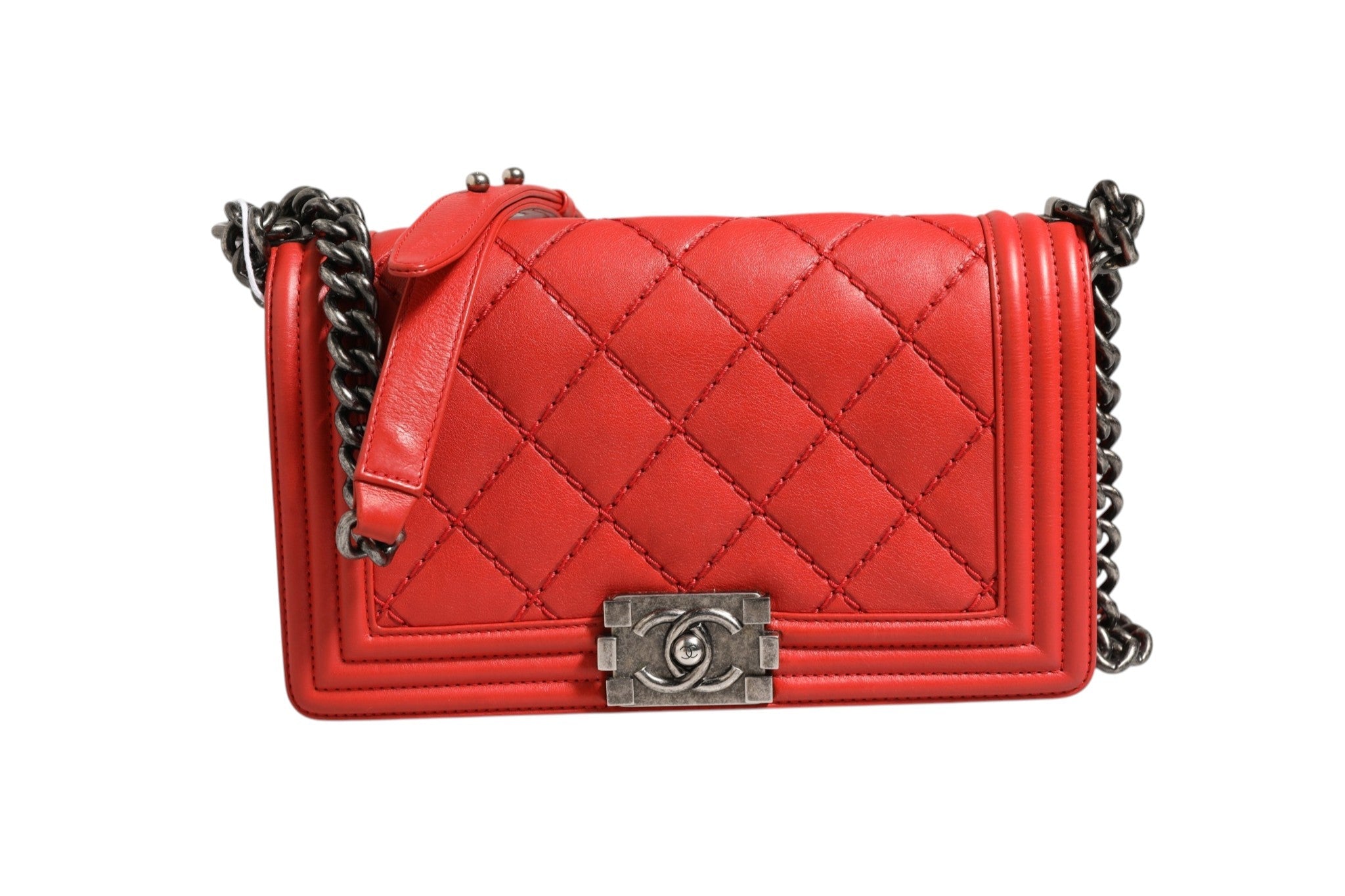 Chanel Red Diamond Stitch Calfskin Leather New Medium Boy Women's Bag