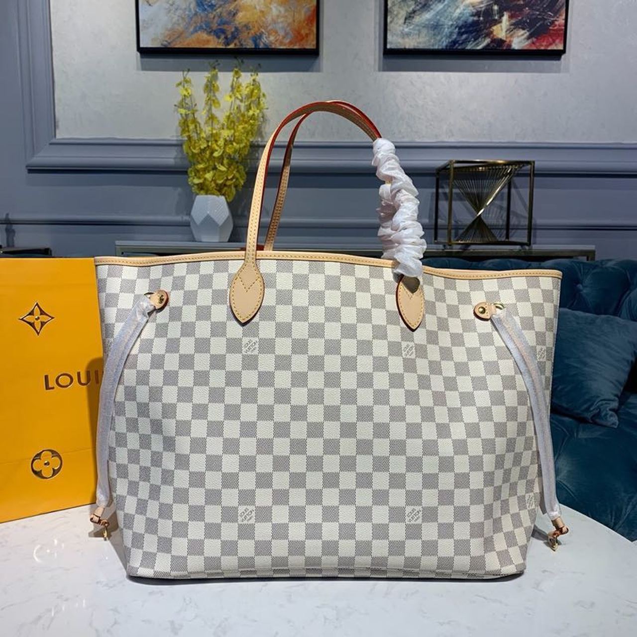 Louis Vuitton Neverfull GM Tote Bag Damier Azur Canvas Rose Ballerine Pink For Women,  Shoulder Bags 15.4in/39cm Louis Vuitton N41604