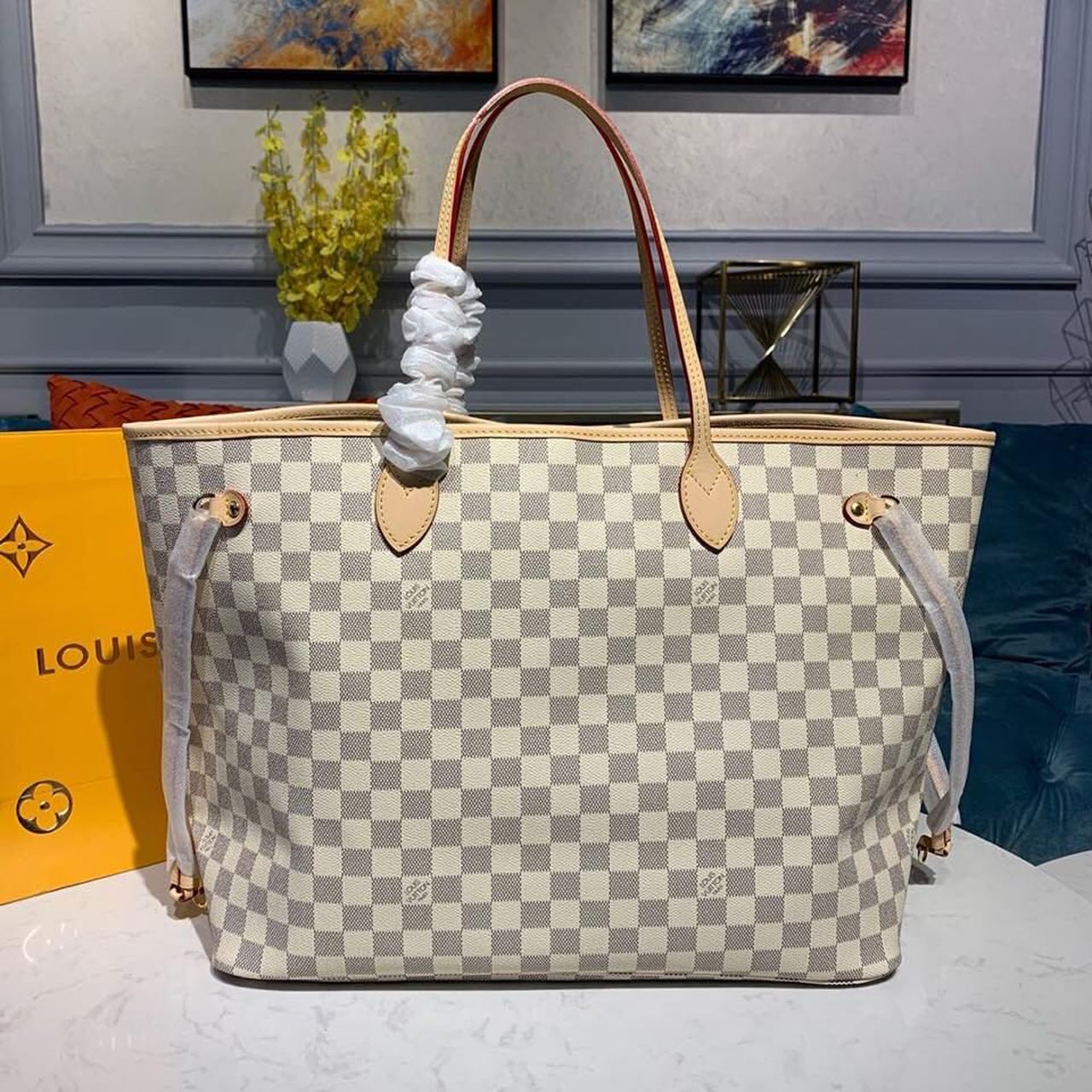 Louis Vuitton Neverfull GM Tote Bag Damier Azur Canvas Beige For Women, Womens Handbags, Shoulder Bags 15.4in/39cm LV N41360