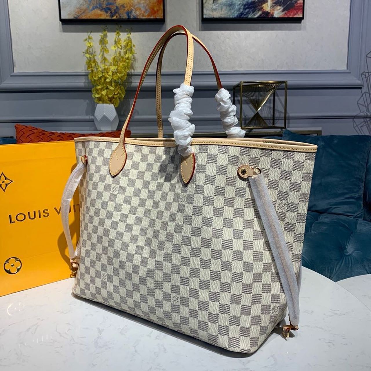 Louis Vuitton Neverfull GM Tote Bag Damier Azur Canvas Beige For Women, Women’s Handbags, Shoulder Bags 15.4in/39cm Louis Vuitton N41360