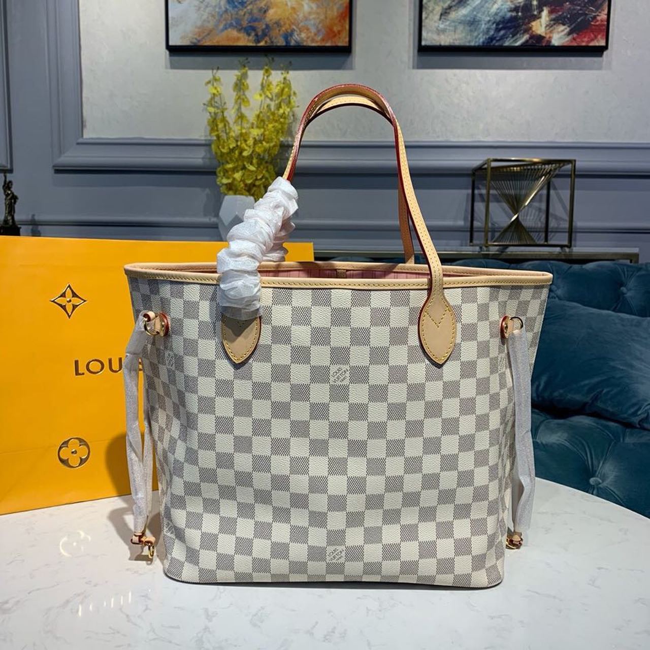 Louis Vuitton Neverfull MM Tote Bag Damier Azur Canvas Rose Ballerine Pink For Women, WoBags, Shoulder Bags 12.2in/31cm Louis Vuitton N41605