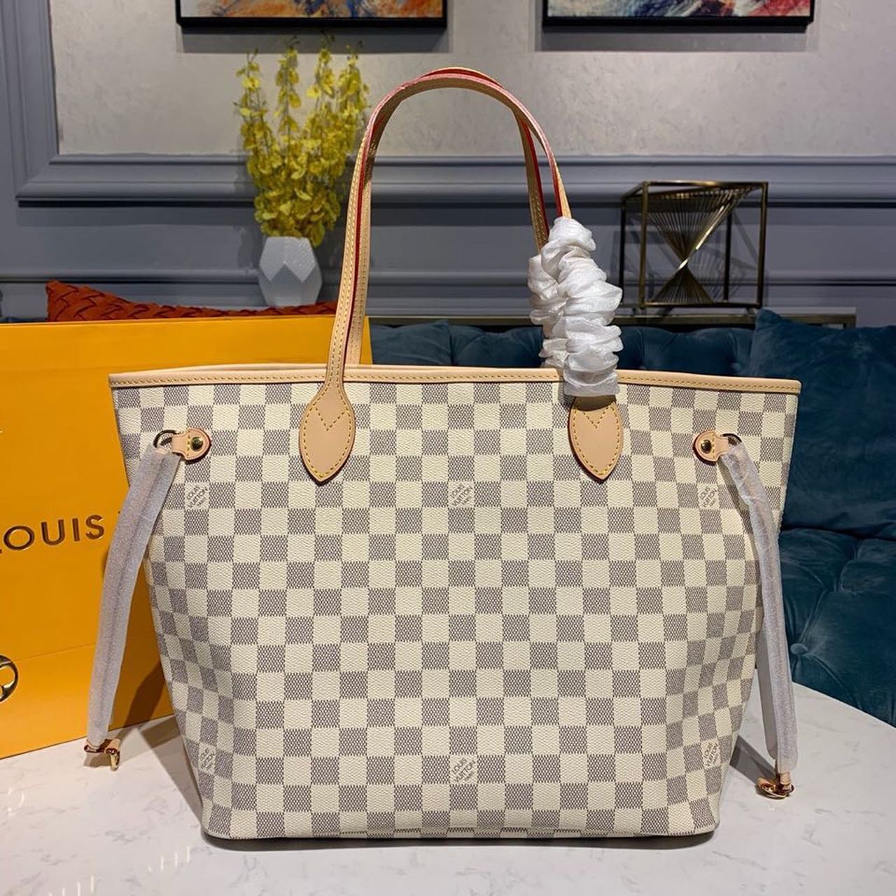 Louis Vuitton Neverfull MM Tote Bag Damier Azur Canvas For Women, Women’s Handbags, Shoulder Bags 12.2in/31cm Louis Vuitton N41361