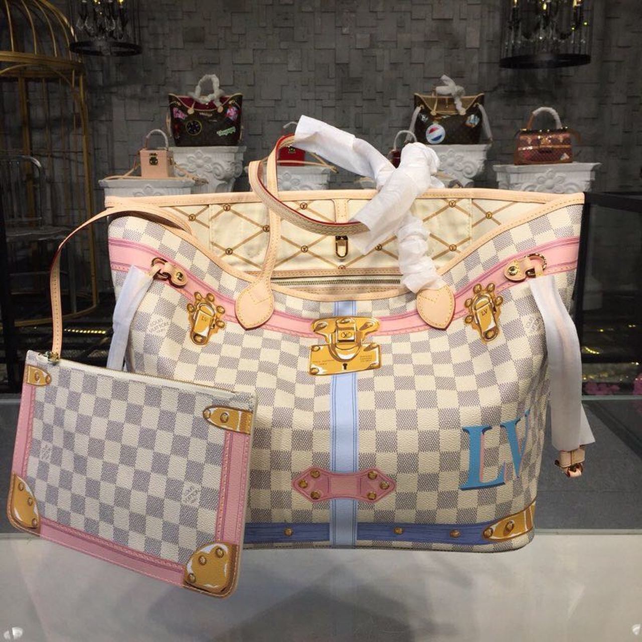 Louis Vuitton Neverfull MM Tote Bag Trompe L’oeil Print Damier Azur Canvas For Women,  Shoulder Bags 12.6in/32cm Louis Vuitton N41065