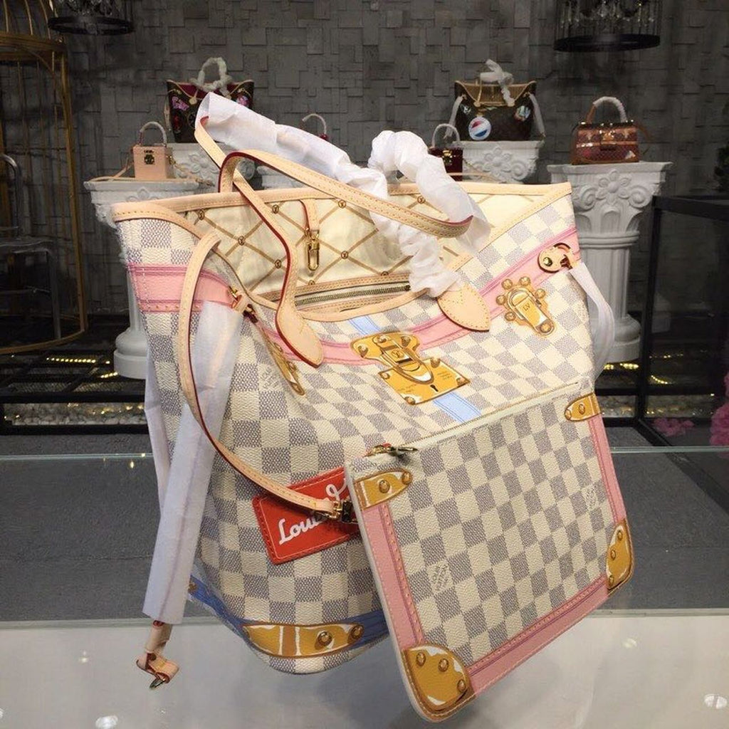 Louis Vuitton Neverfull MM Tote Bag Trompe L’oeil Print Damier Azur Canvas For Women,  Shoulder Bags 12.6in/32cm Louis Vuitton N41065