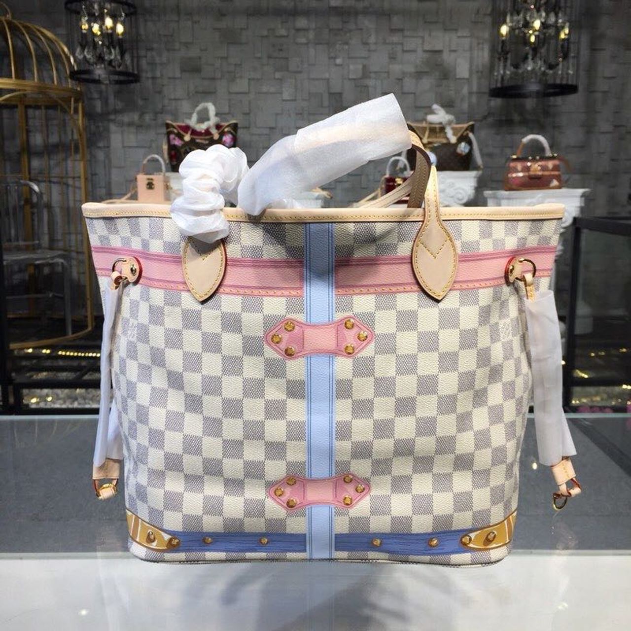Louis Vuitton Neverfull MM Tote Bag Trompe L’oeil Print Damier Azur Canvas For Women,  Shoulder Bags 12.6in/32cm Louis Vuitton N41065