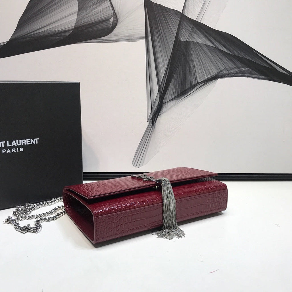 Top Quality Kate MeTop Qualityum Chain Bag With Tassel In Embossed CrocoTop Qualityle Burgundy For Women 9.4in/24cm YSL