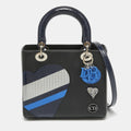 Dior Black/blue Crackled  And Leather Medium Patch Embellished  Lady Dior Tote