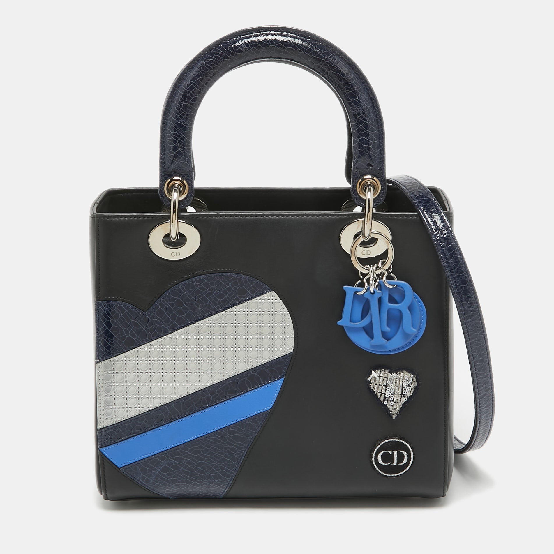 Dior Black/blue Crackled  And Leather Medium Patch Embellished  Lady Dior Tote