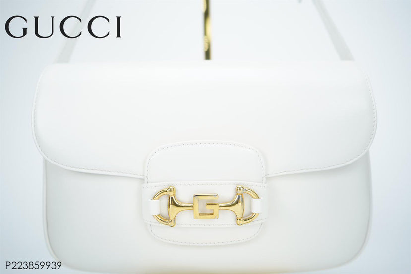 Gucci Horsebit White Leather Shoulder Bag Medium Size