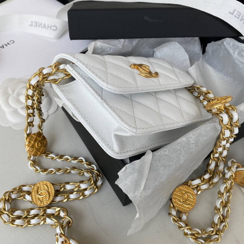 Chanel Clutch With Chain Gold Hardware Grained Shinny White For Women Handbags, Shoulder Bags 4.7in/12cm AP2857