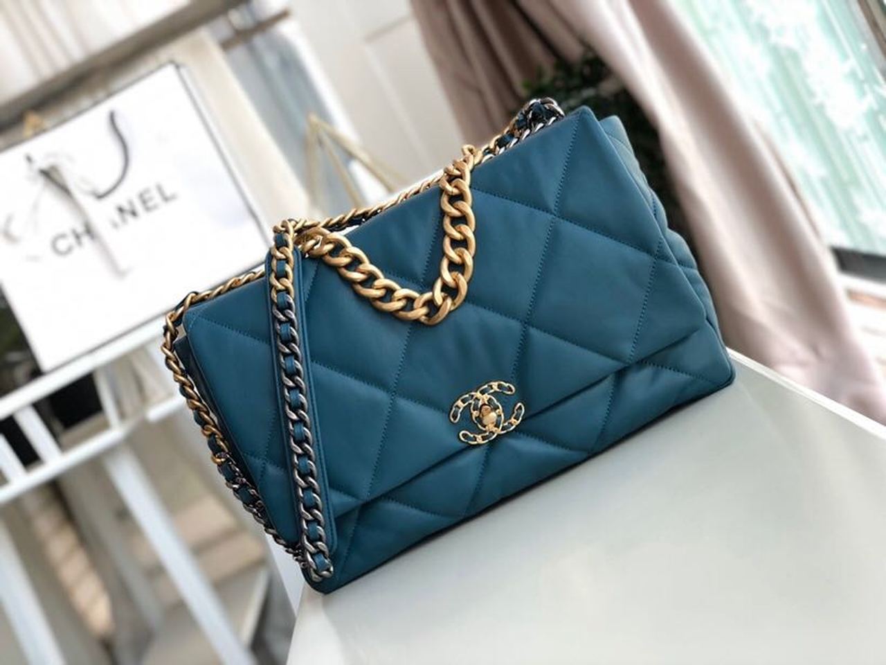Chanel 19 Maxi Handbag Teal For Women Bags, Shoulder And Crossbody Bags 14in/36cm AS1162