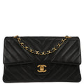 Chanel 1991-1994 Black Lambskin Chevron Medium Classic Double Flap Shoulder Bag