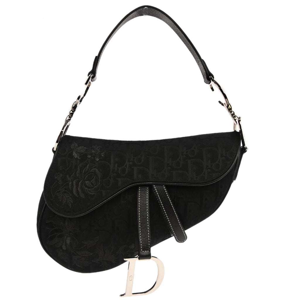 Christian Dior Black Trotter Floral Saddle Handbag
