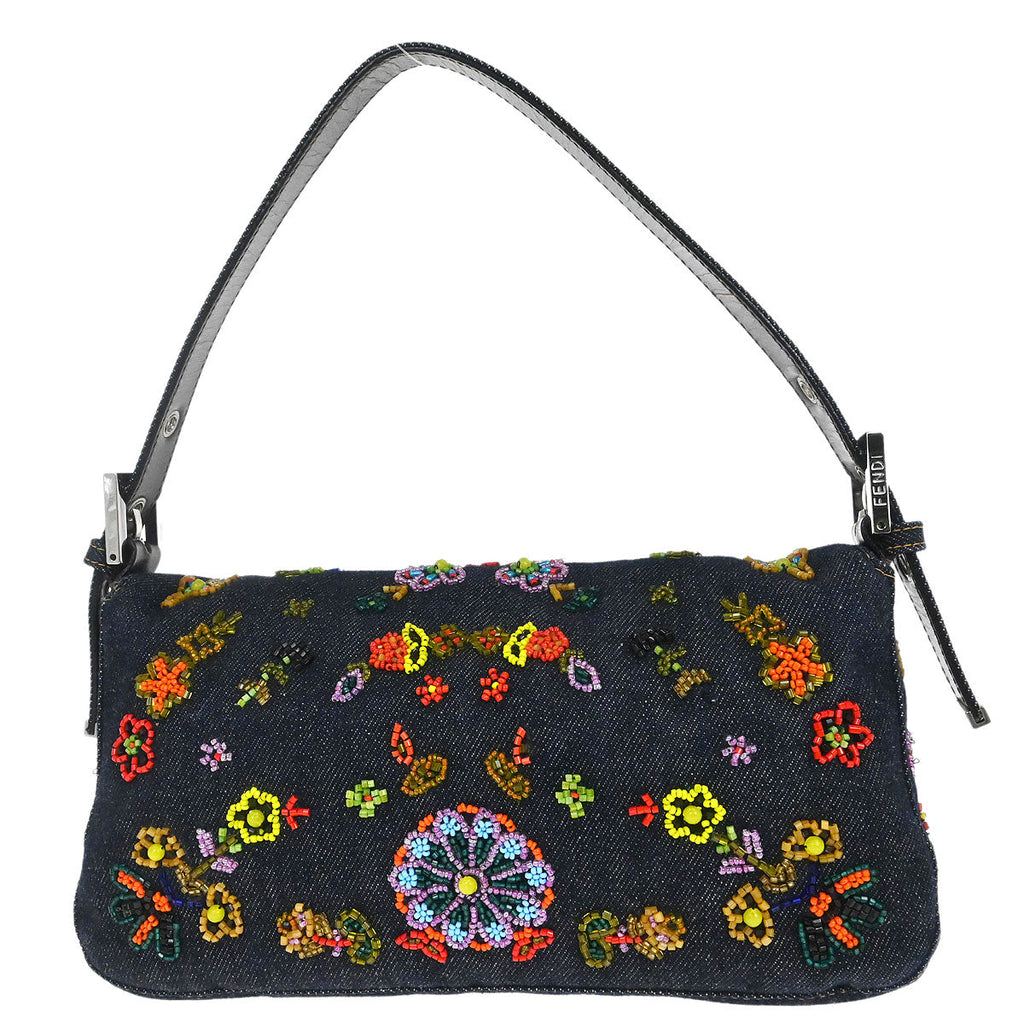 Fendi Navy Denim Beaded Baguette Handbag
