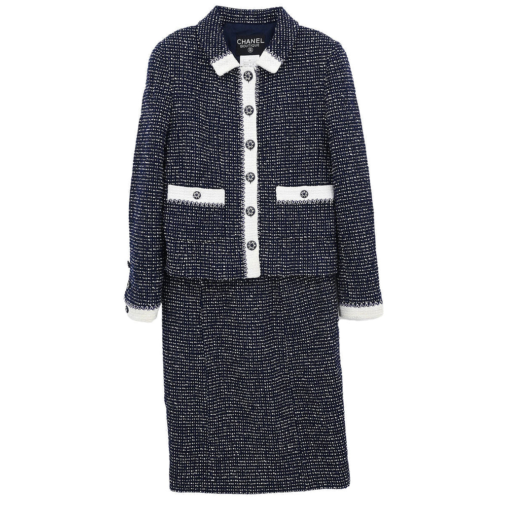 Chanel 1996 Setup Suit Jacket Skirt Tweed Navy  #38