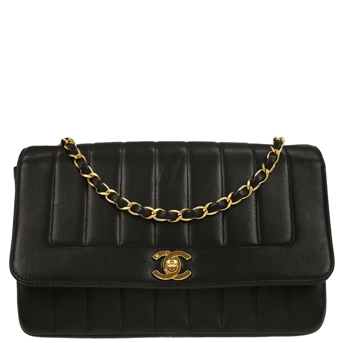 Chanel 1994-1996 Black Lambskin Mademoiselle Single Flap Shoulder Bag