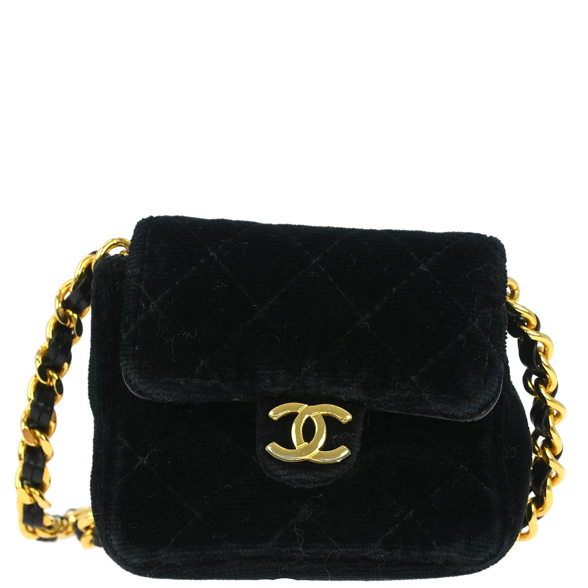 Chanel 1989-1991 Black Velvet Micro Classic Flap Shoulder Bag Pochette