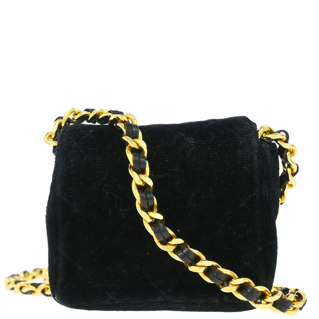 Chanel 1989-1991 Black Velvet Micro Classic Flap Shoulder Bag Pochette