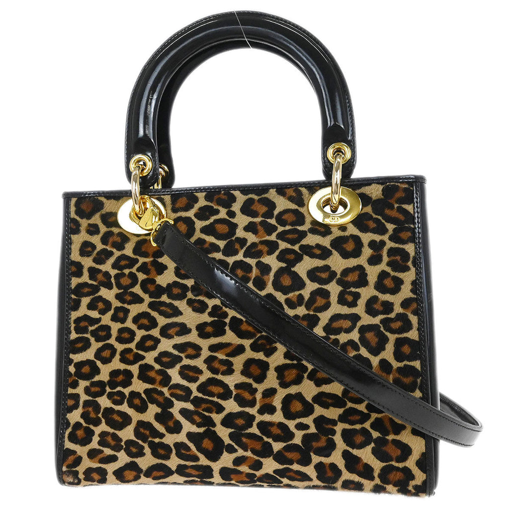 Christian Dior * 1997 Brown Pony Hair Leopard Medium Lady Dior 2way Shoulder Handbag