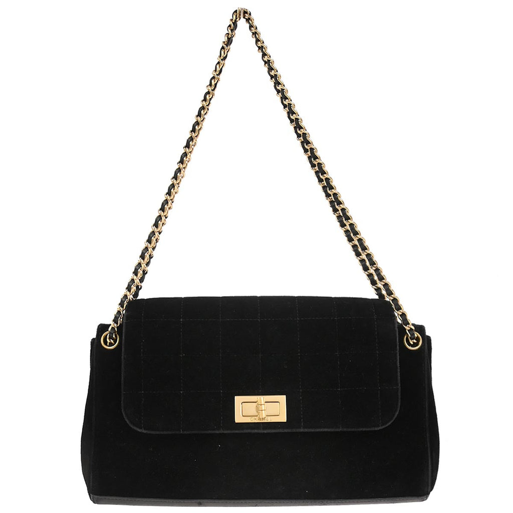 Chanel 2002-2003 Black Velvet Choco Bar Accordion Flap Mademoiselle Lock Shoulder Bag