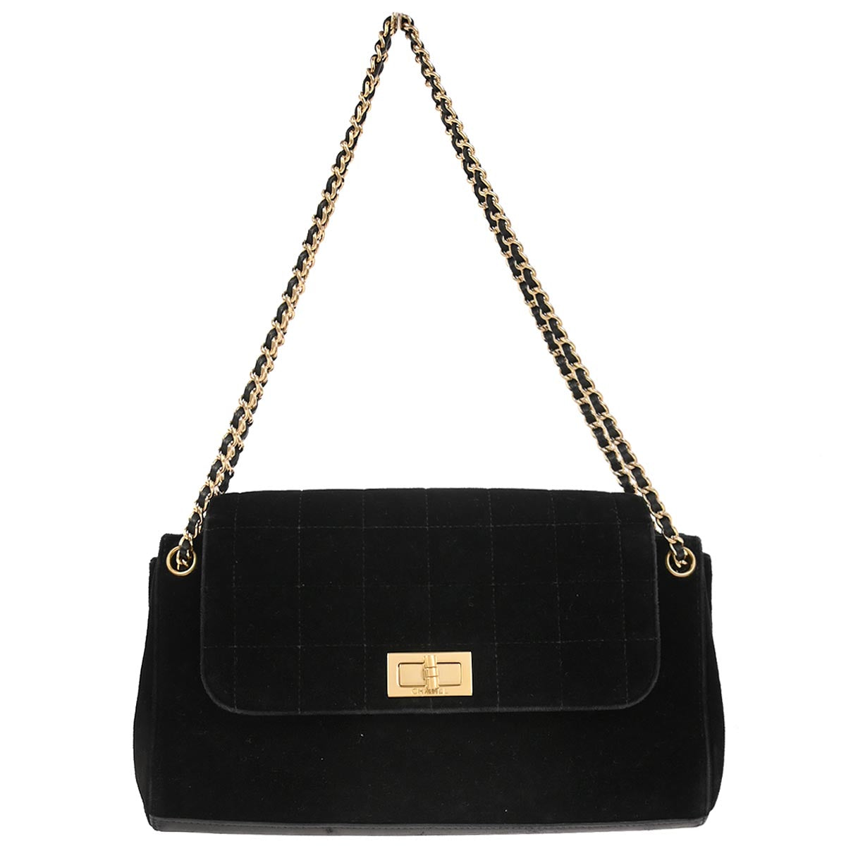 Chanel 2002-2003 Black Velvet Choco Bar Accordion Flap Mademoiselle Lock Shoulder Bag
