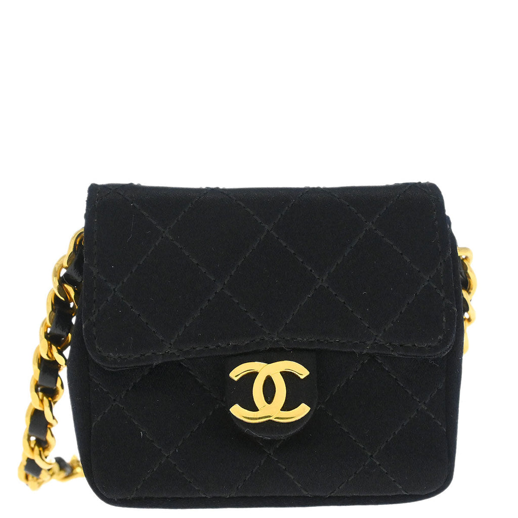 Chanel 1989-1991 Black Satin Micro Classic Flap Shoulder Bag Pochette