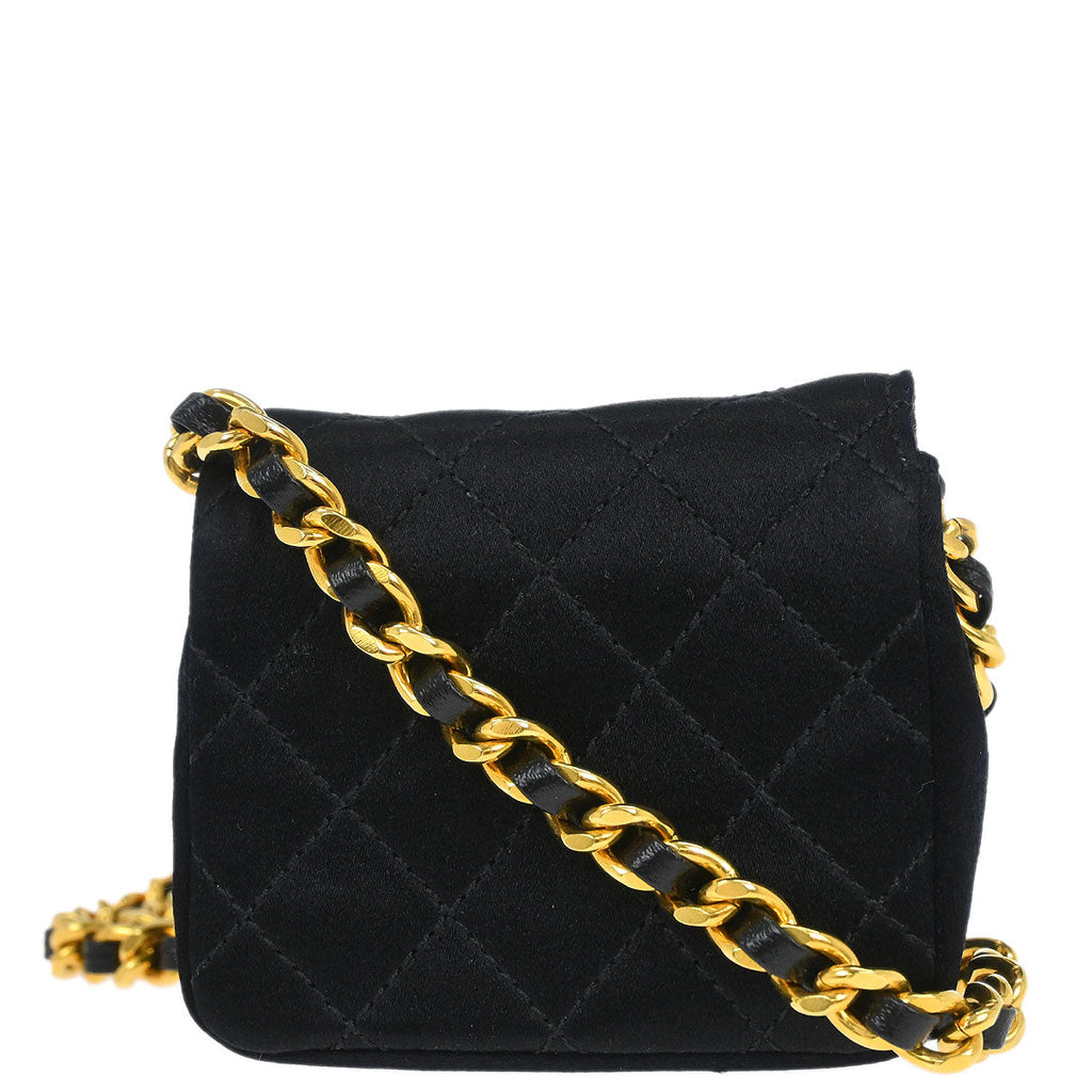 Chanel 1989-1991 Black Satin Micro Classic Flap Shoulder Bag Pochette