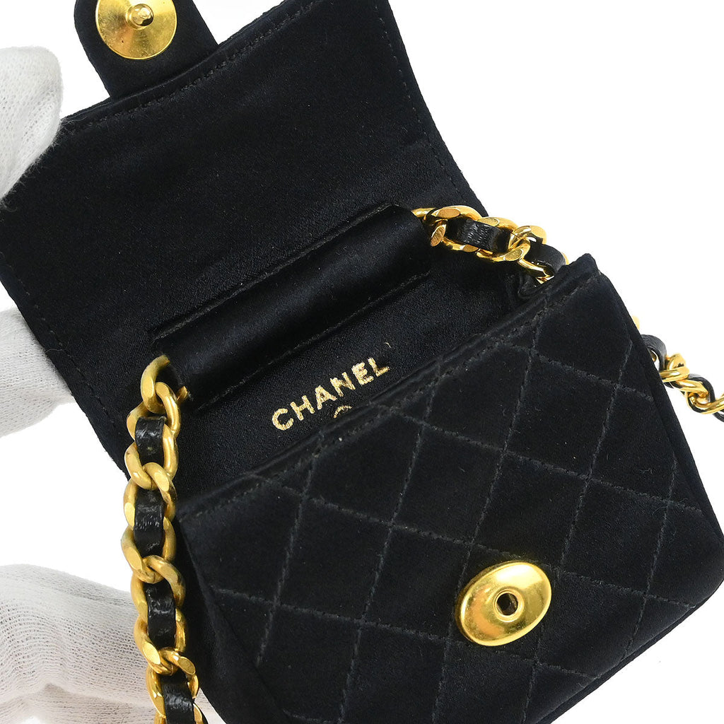Chanel 1989-1991 Black Satin Micro Classic Flap Shoulder Bag Pochette