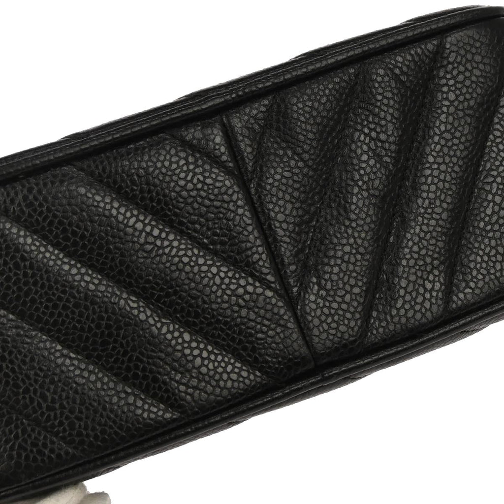 Chanel 1991-1994 Black Caviar Skin Bias Stitch Camera Bag Mini