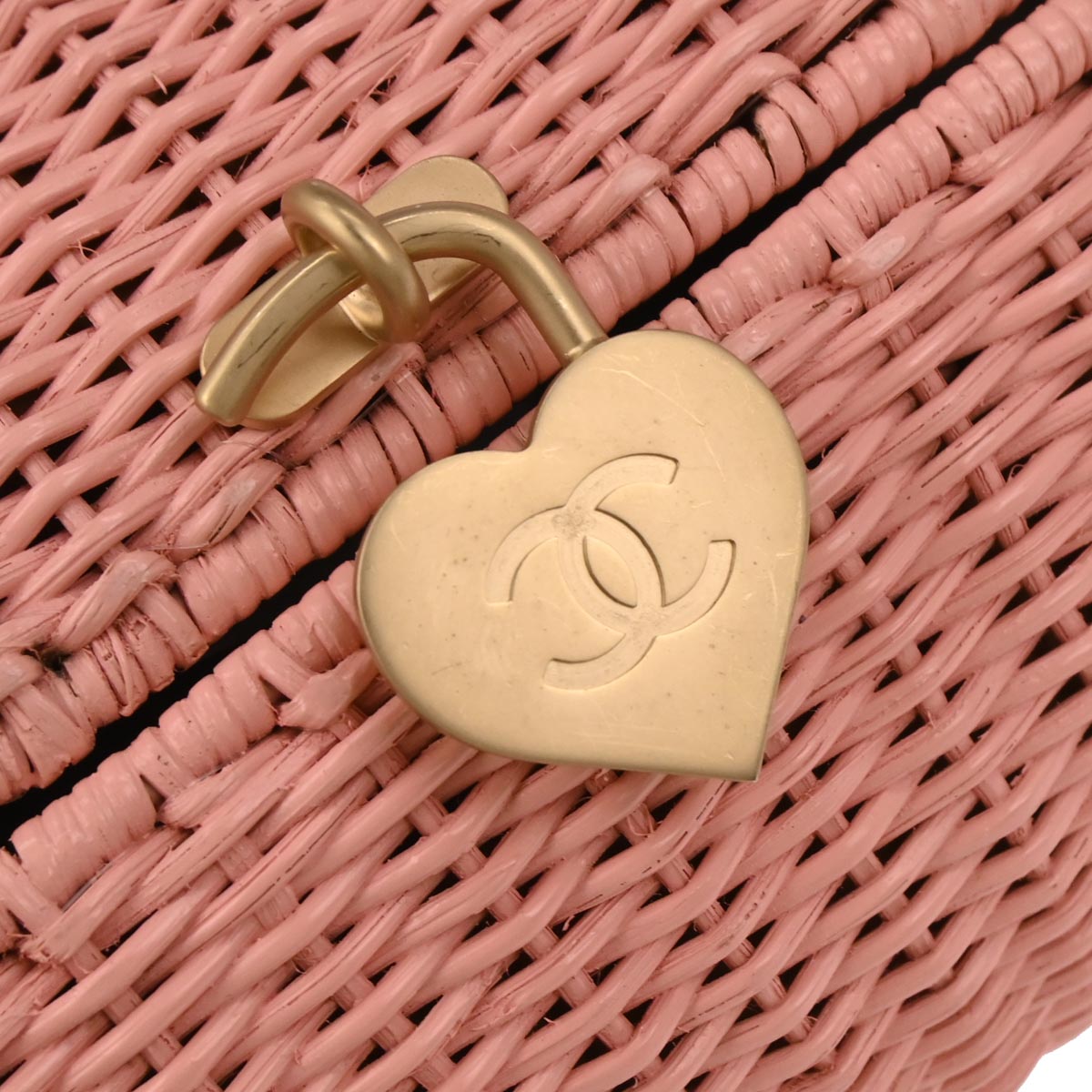 Chanel 2004-2005 Pink Rattan Heart Lock Basket Bag 2way Shoulder Handbag