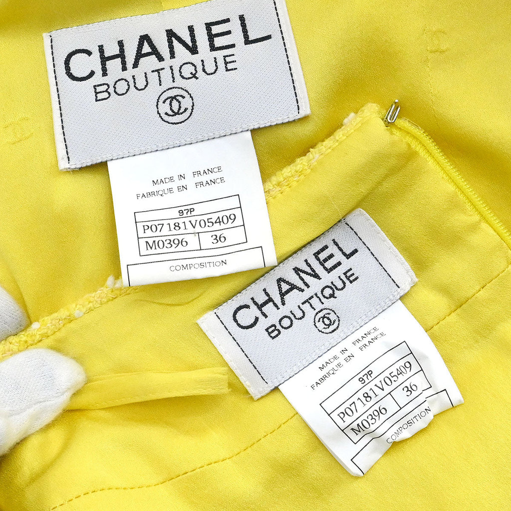Chanel 1997 Setup Suit Jacket Skirt Tweed Yellow #36