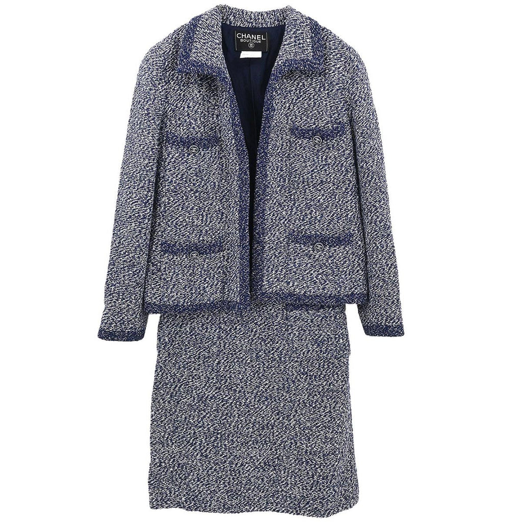 Chanel 1997 Setup Suit Jacket Skirt Tweed Navy #40