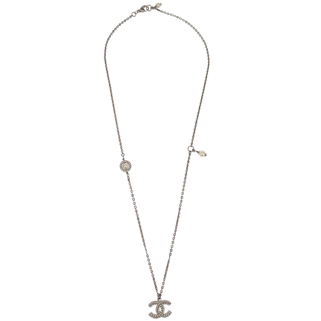 Chanel CC Chain Necklace Pendant Silver Costume Pearl Rhinestone F19K