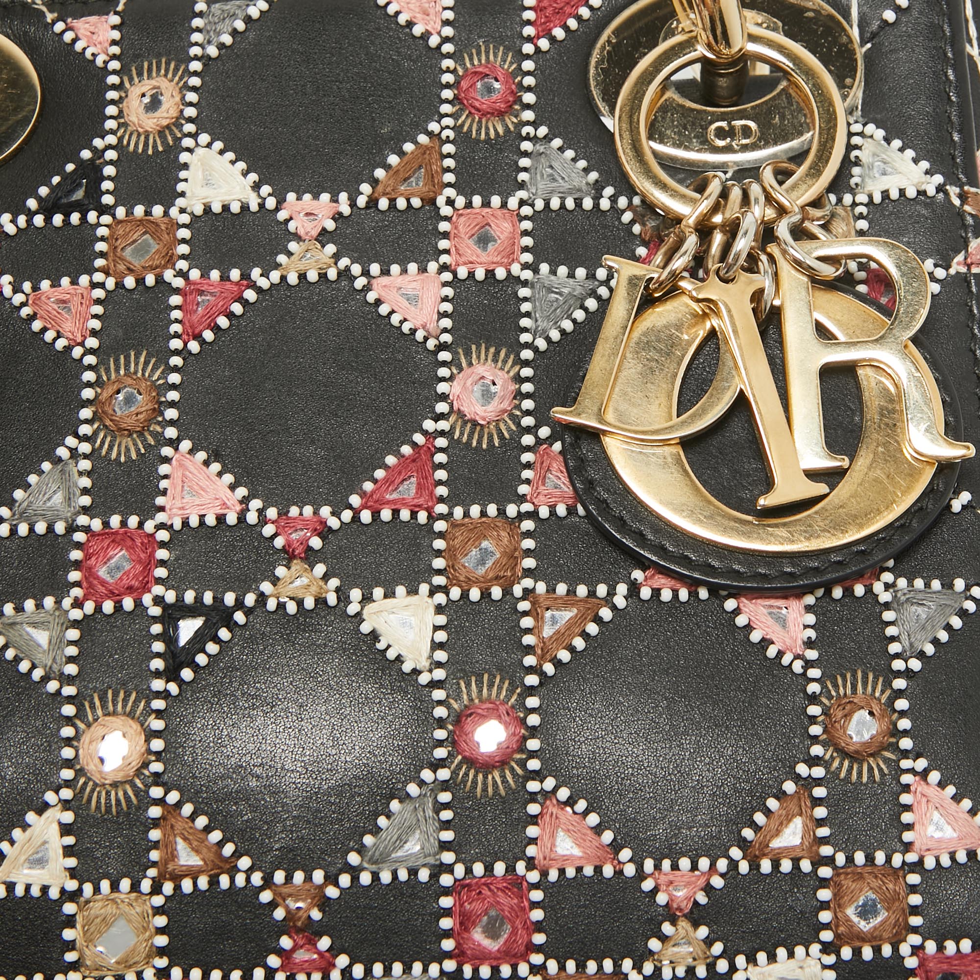 Dior Black Leather Mini Embroidered Beaded Lady Dior Tote